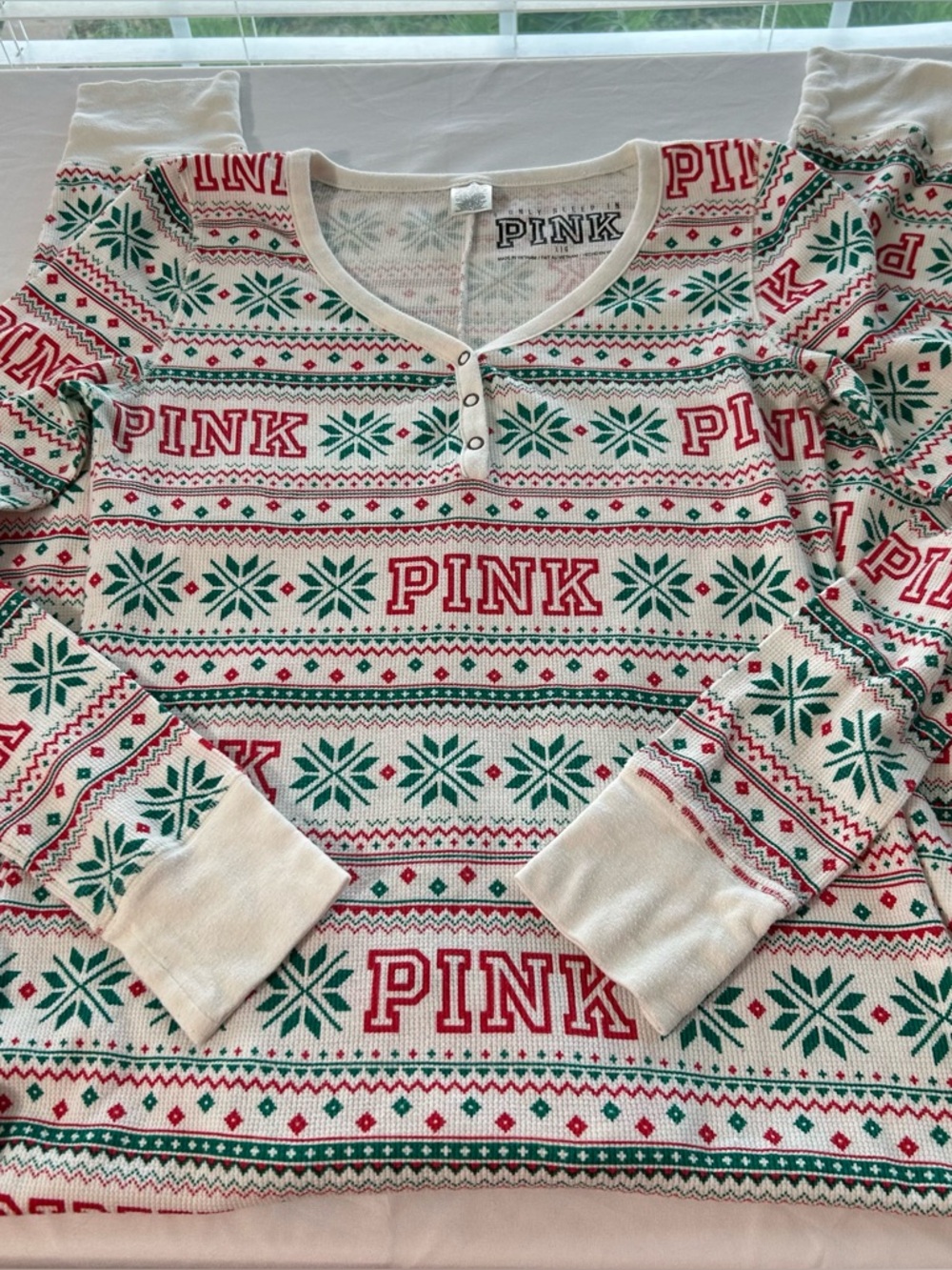 PINK Victoria’s Secret Christmas Thermal One Piece Pajama Union Suit Women’s L